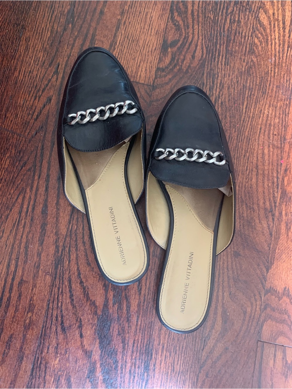 Adrienne Vittadini Davey Black Leather Chain Mule Loafers Size 8.5